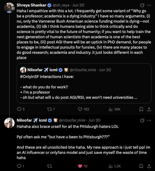 A Twitter/X exchange between Shreya Shankar and Niloofar Mireshghallah on why AI advances increase, rather than reduce, the need to educate students
